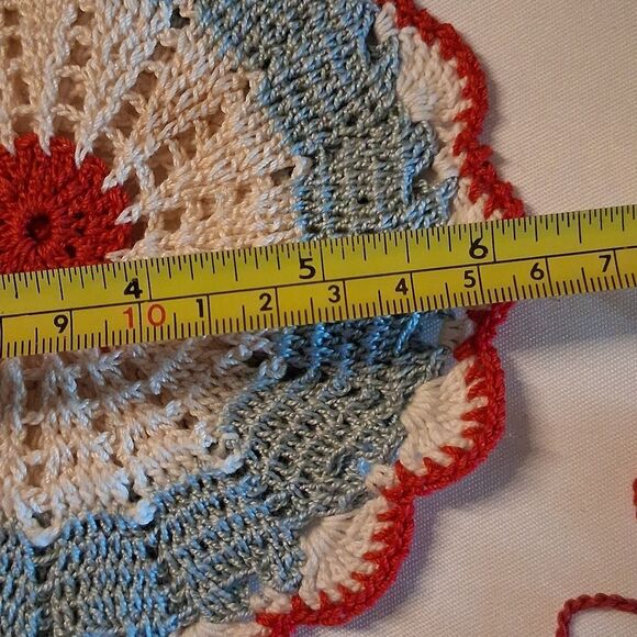 4 Pc. Handmade Vintage Crochet Doilies Set in Blue,Red, & White. - Picture 10 of 12